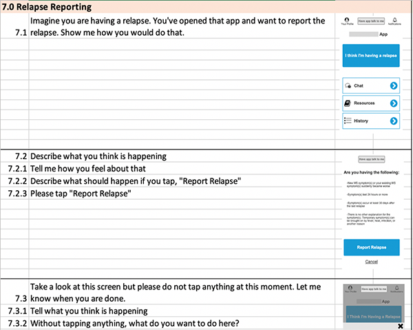 The discussion guide in an Excel sheet that has the interview prompts on the left and screenshot of the prototype that those prompts apply to on the left