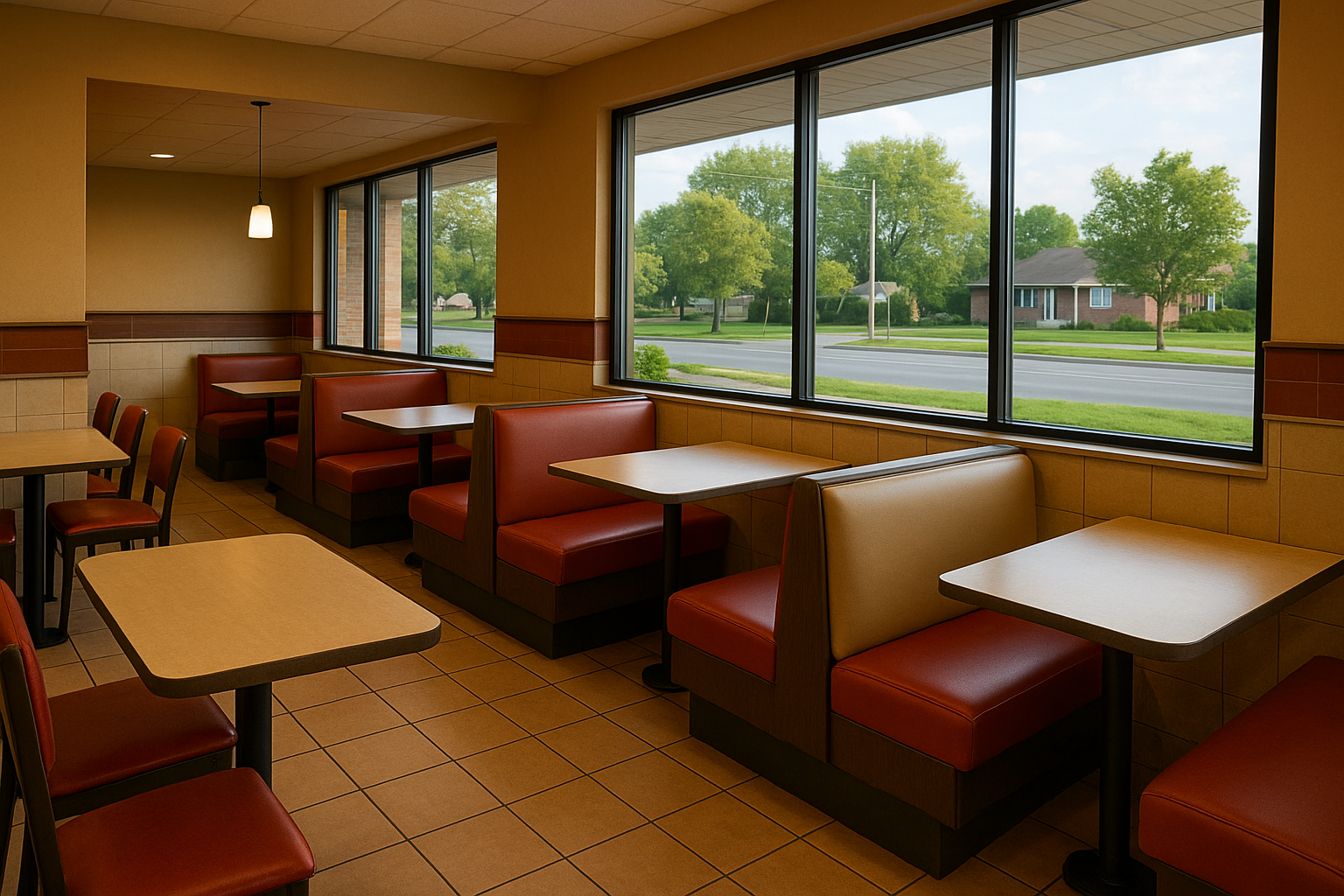 interior of a non-specific fast food restaurant with brown booths and windows looking out onto a suburban throughfare